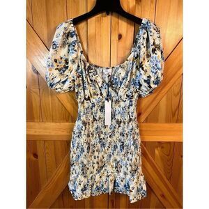 NSR Puff Sleeve Smocked Mini Dress Satin Short  Ivory Blue Floral Size Small nwt